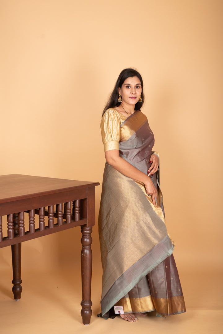 Steel Grey Butta pure kanjivaram silk saree