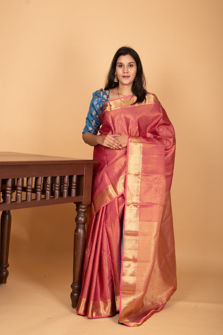 Candy Pink and Aqua Blue Tissue pure kanjivaram silk saree