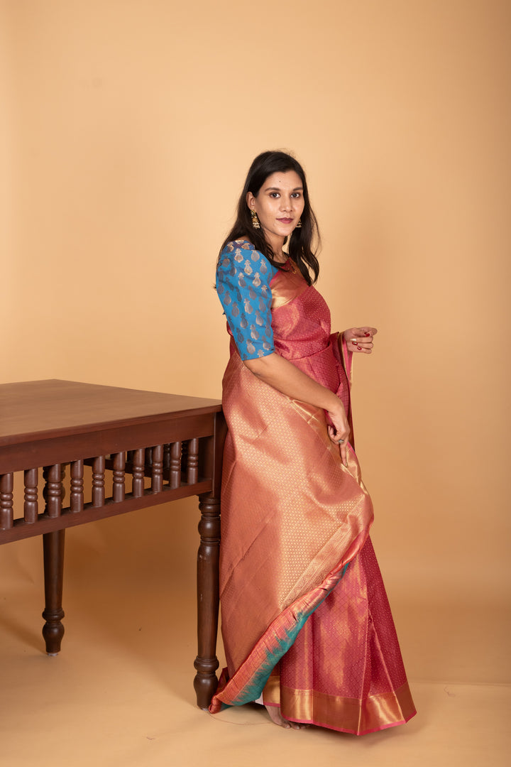 Candy Pink and Aqua Blue Tissue pure kanjivaram silk saree