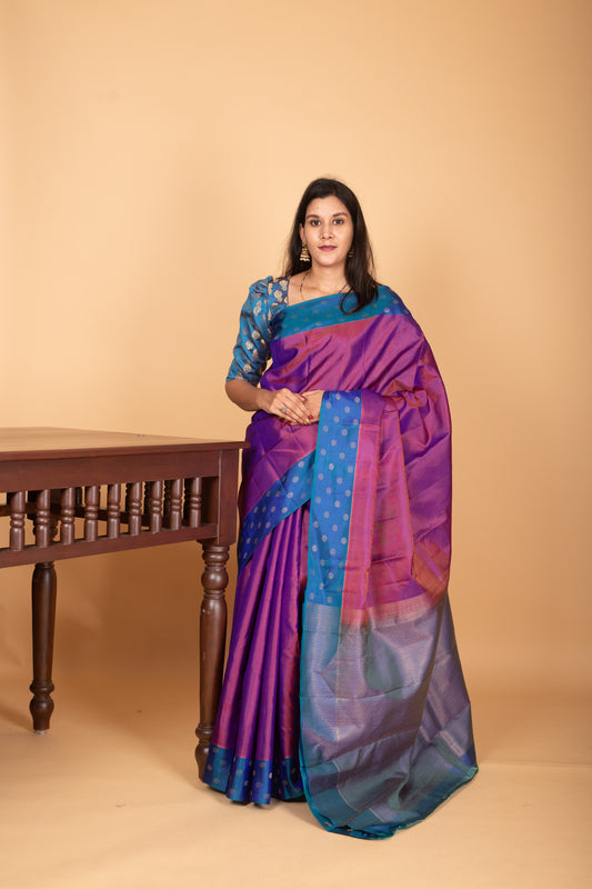 Dual Tone Purple and Peacock Blue zari striped pure kanchi silk saree