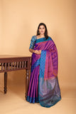 Dual Tone Purple and Peacock Blue zari striped pure kanchi silk saree