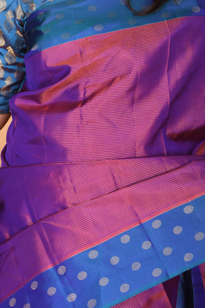 Dual Tone Purple and Peacock Blue zari striped pure kanchi silk saree