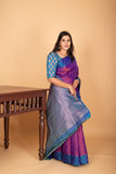 Dual Tone Purple and Peacock Blue zari striped pure kanchi silk saree