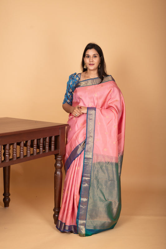 Paneer Rose Pink and Peacock Blue Small Border kanchi pure silk saree