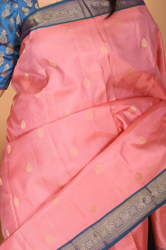 Paneer Rose Pink and Peacock Blue Small Border kanchi pure silk saree