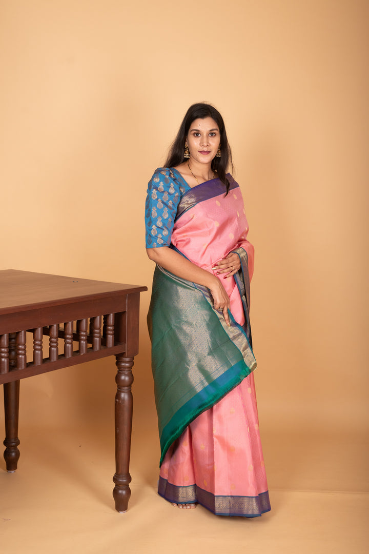 Paneer Rose Pink and Peacock Blue Small Border kanchi pure silk saree