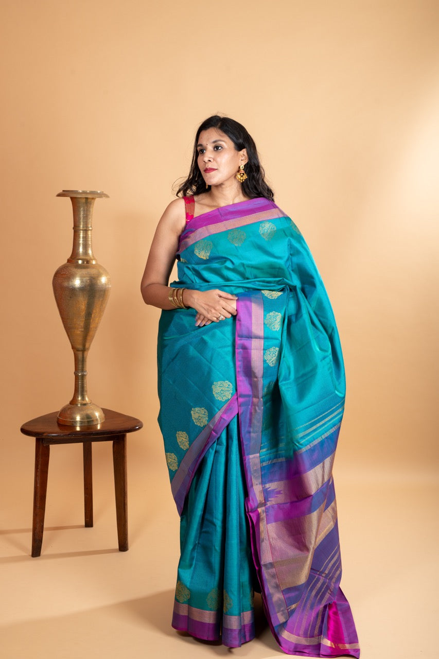 Lightweight Blue Silk Saree with a Contemporary Purple combination