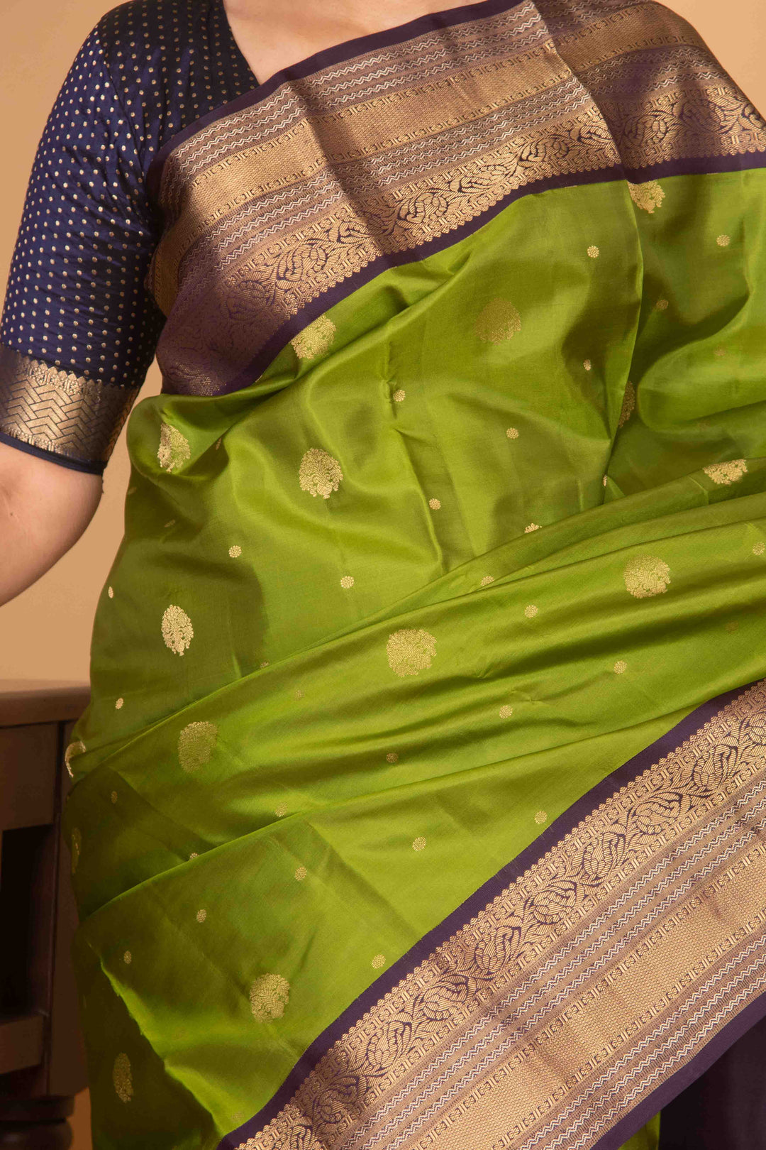 Kelly green and jamun purple korvai pure silk saree