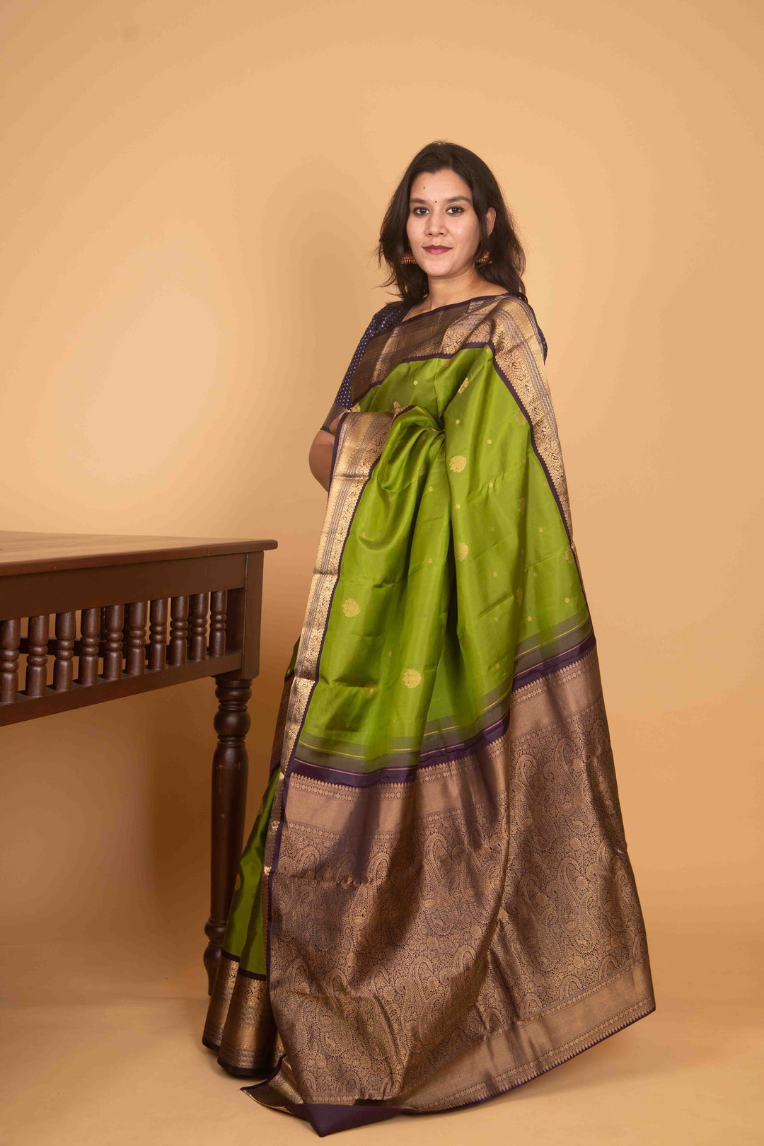 Kelly green and jamun purple korvai pure silk saree