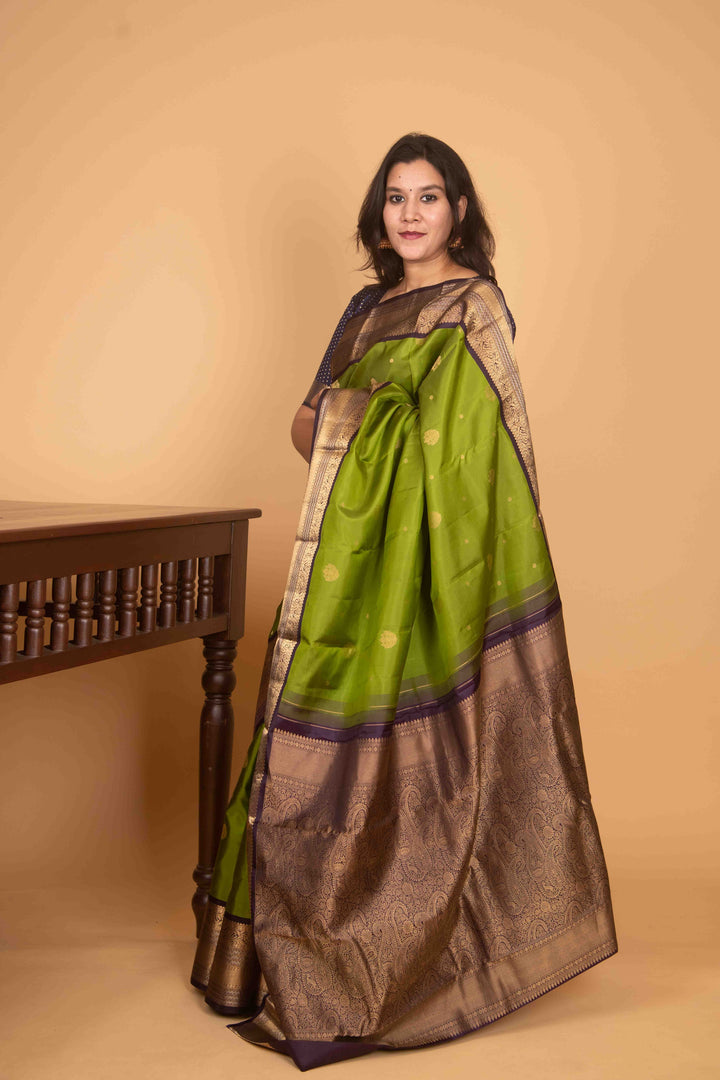 Kelly green and jamun purple korvai pure silk saree