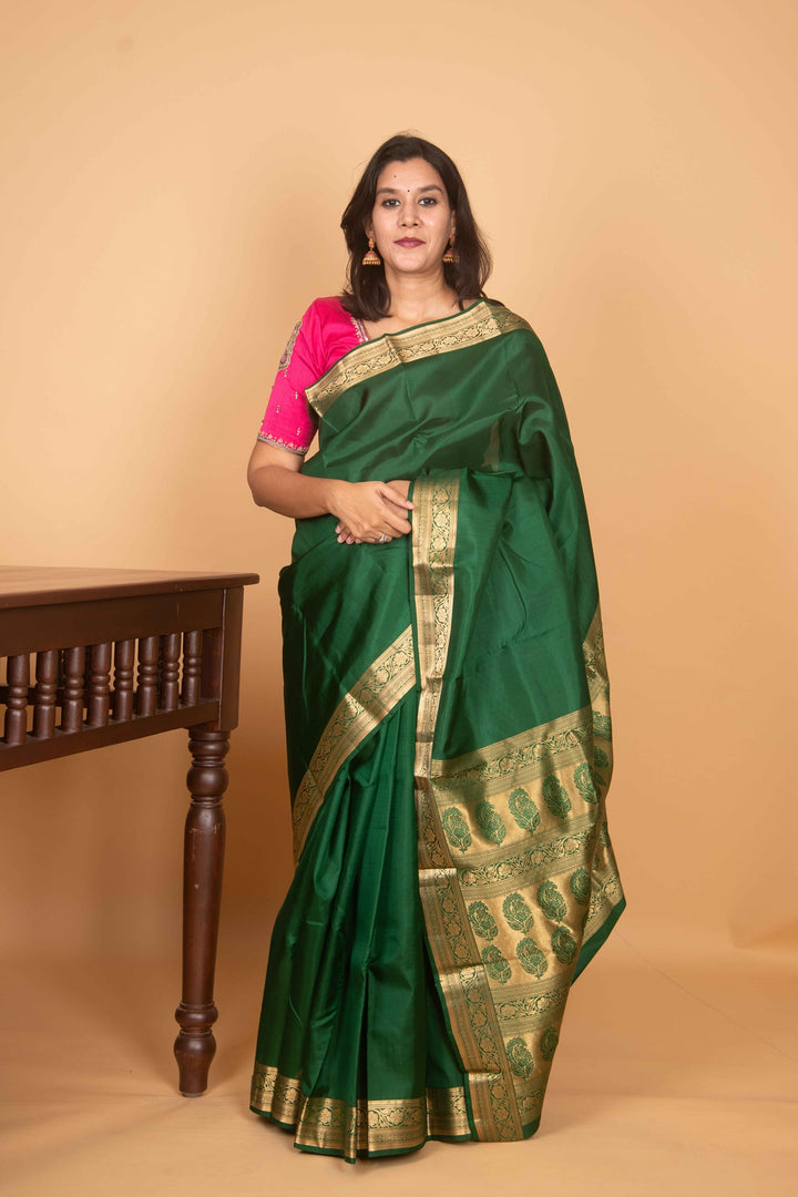 Forest green plain kanchi silk saree