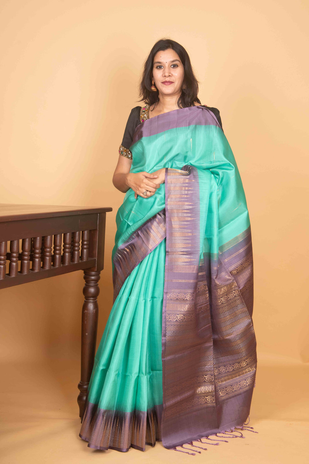 Aqua green and lavender mauve soft silk saree