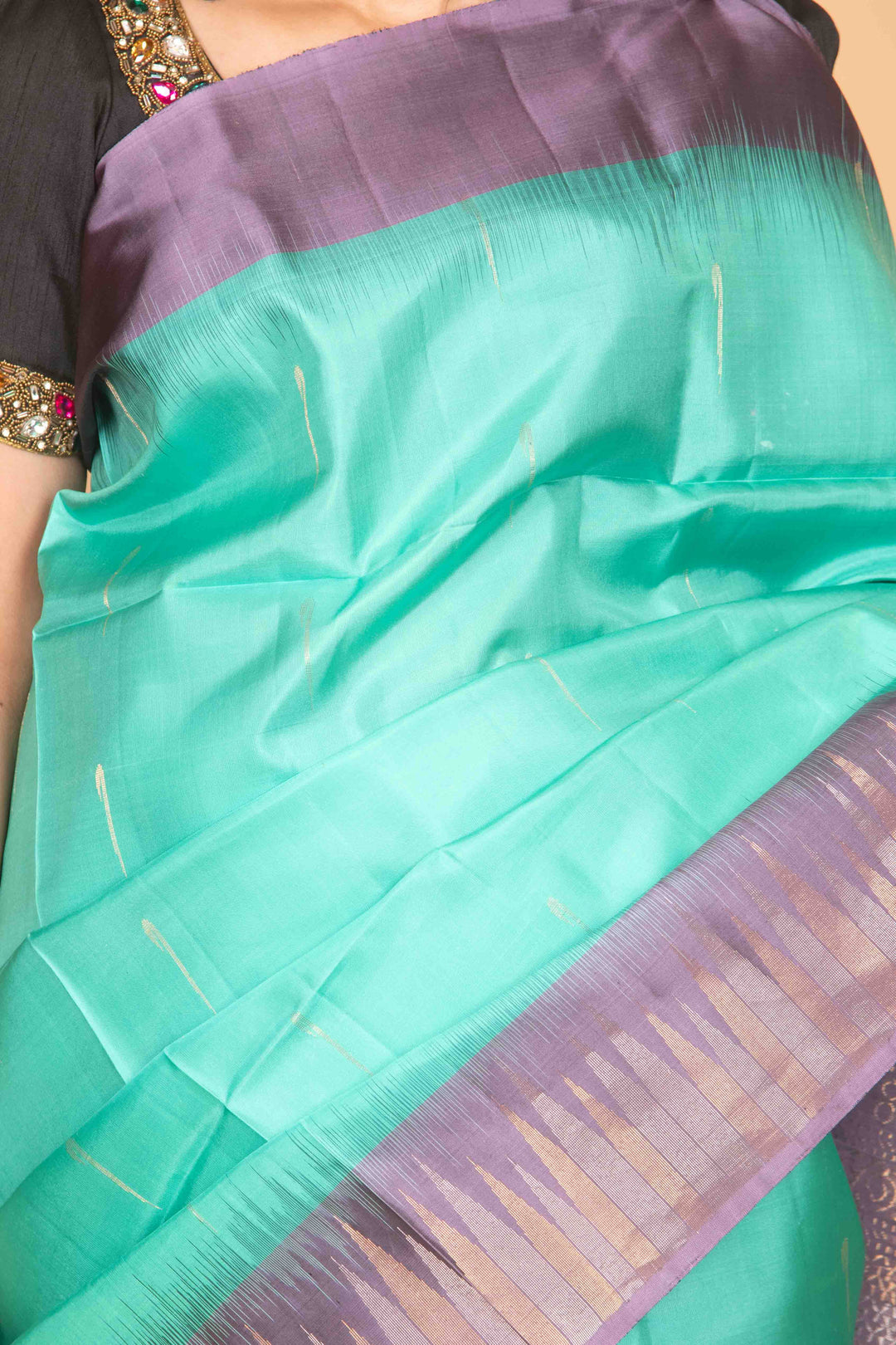 Aqua green and lavender mauve soft silk saree