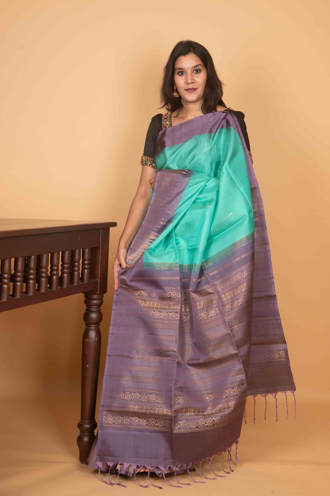 Aqua green and lavender mauve soft silk saree