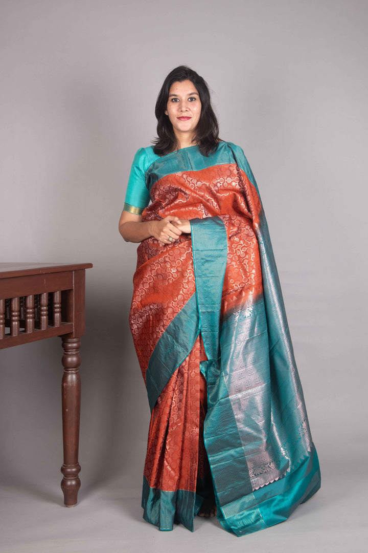 Mud Orange And Teal Pure Soft Silk Saree