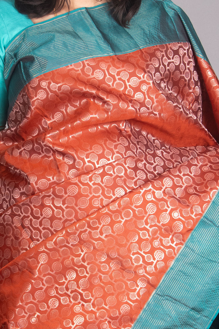 Mud Orange And Teal Pure Soft Silk Saree