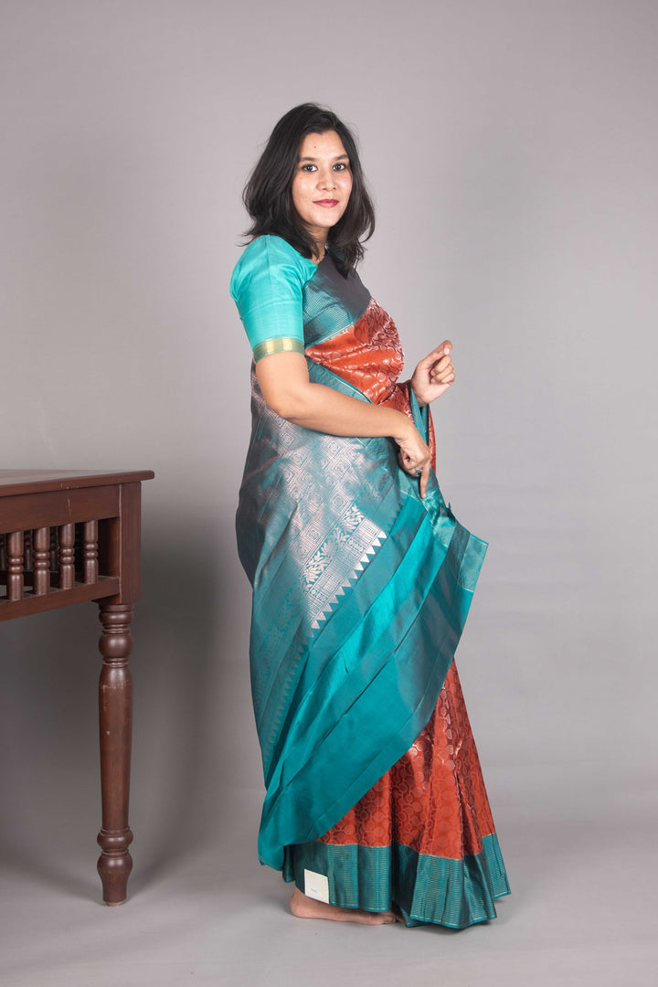 Mud Orange And Teal Pure Soft Silk Saree