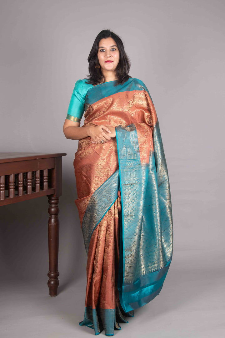 Biscuit Brown And Teal Pure Soft Silk Saree