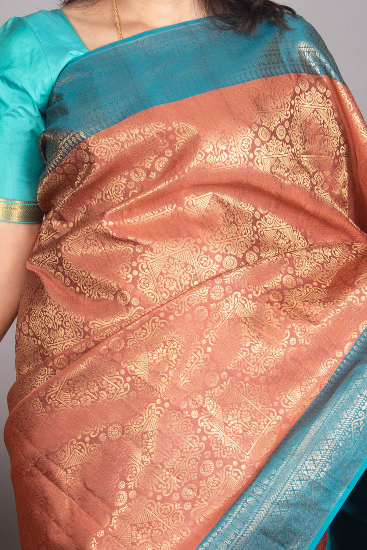 Biscuit Brown And Teal Pure Soft Silk Saree