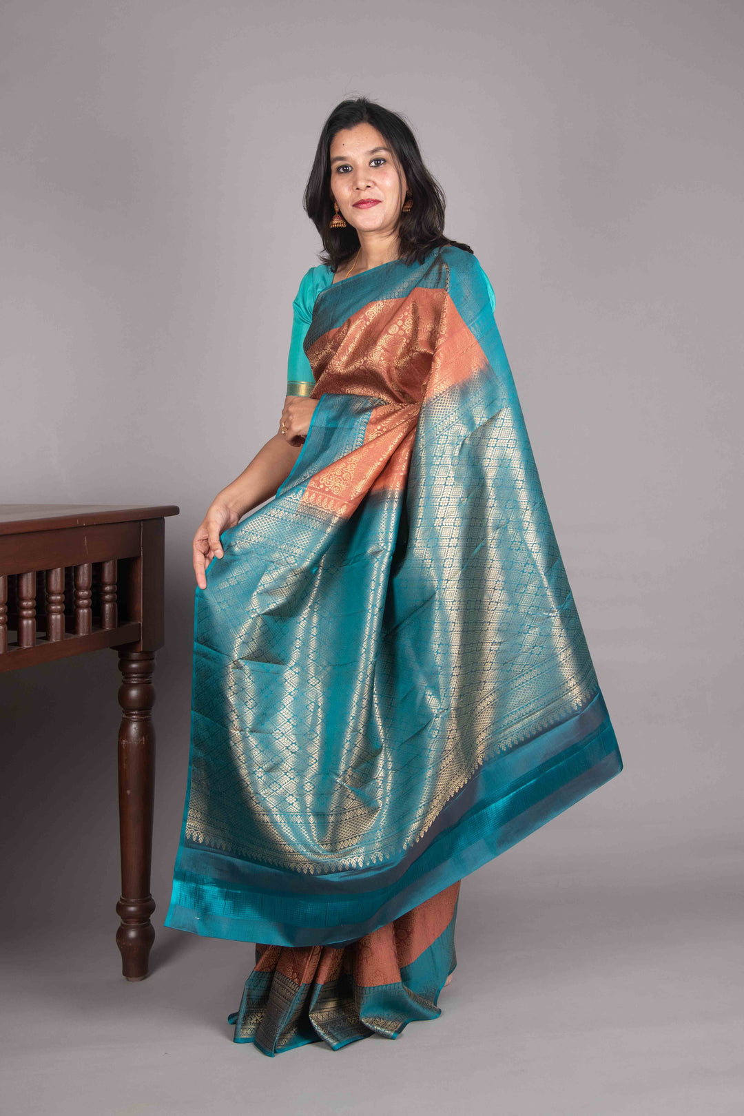 Biscuit Brown And Teal Pure Soft Silk Saree