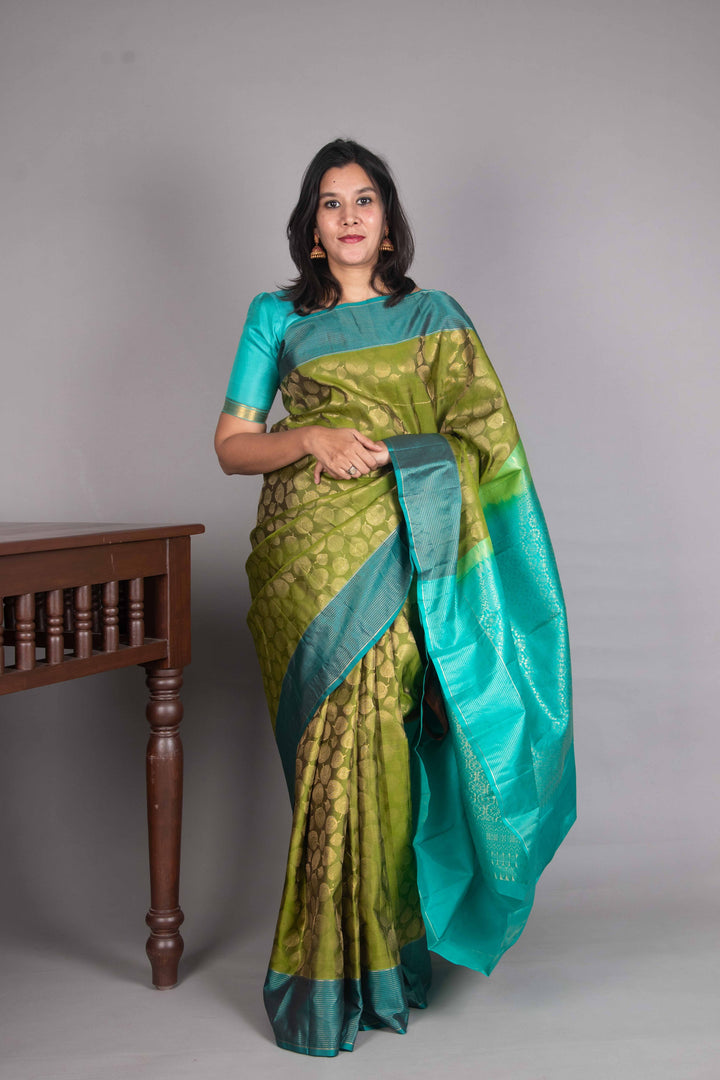 Moss Green And Turquiose Pure Soft Silk Saree