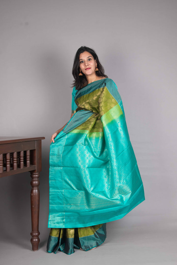 Moss Green And Turquiose Pure Soft Silk Saree