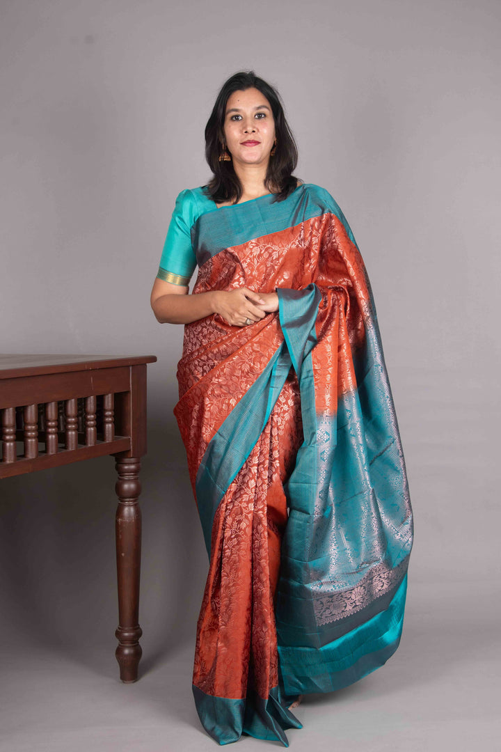Clay Orange And Teal Pure Soft Silk Saree