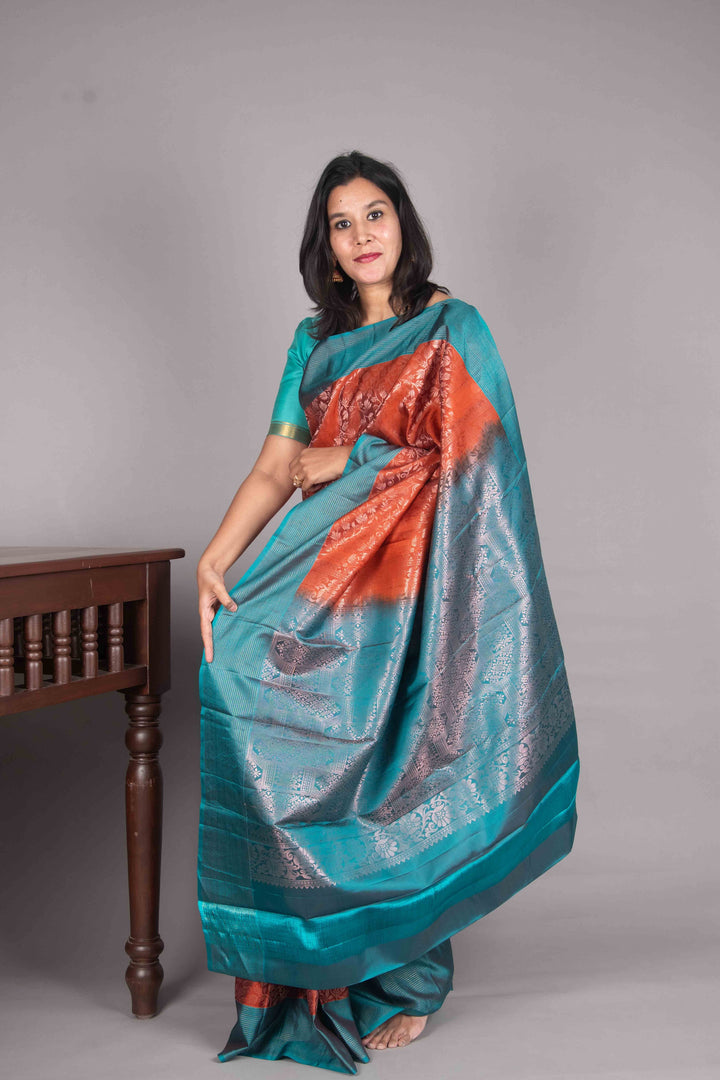 Clay Orange And Teal Pure Soft Silk Saree