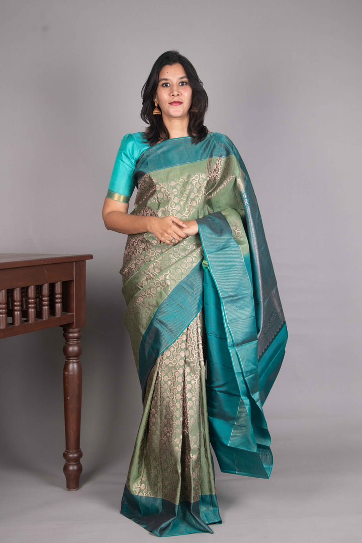 Basil Green And Teal Green Pure Soft Silk Saree