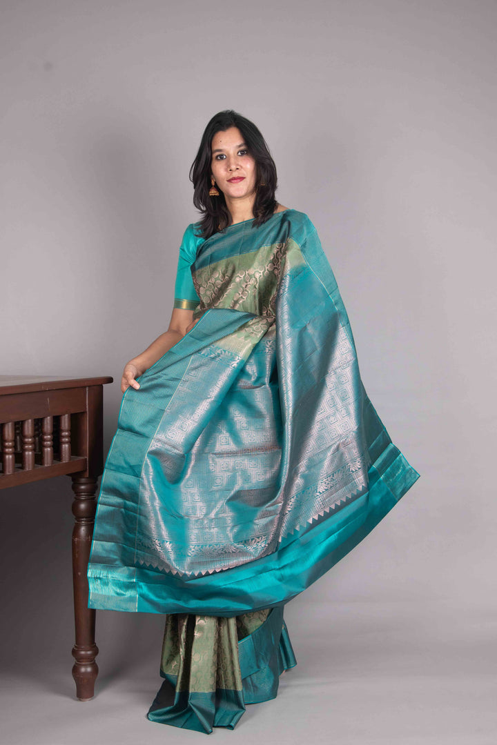 Basil Green And Teal Green Pure Soft Silk Saree