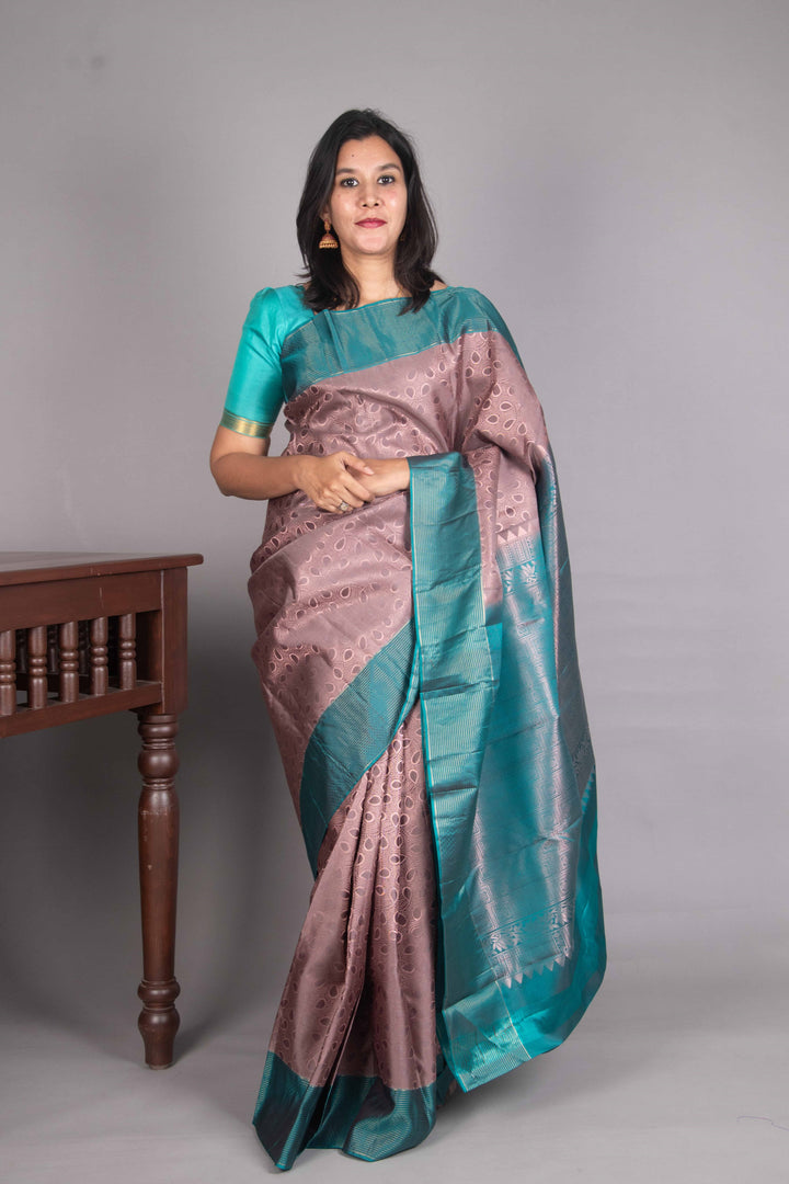 Warm Greay And Teal Pure Soft Silk Saree