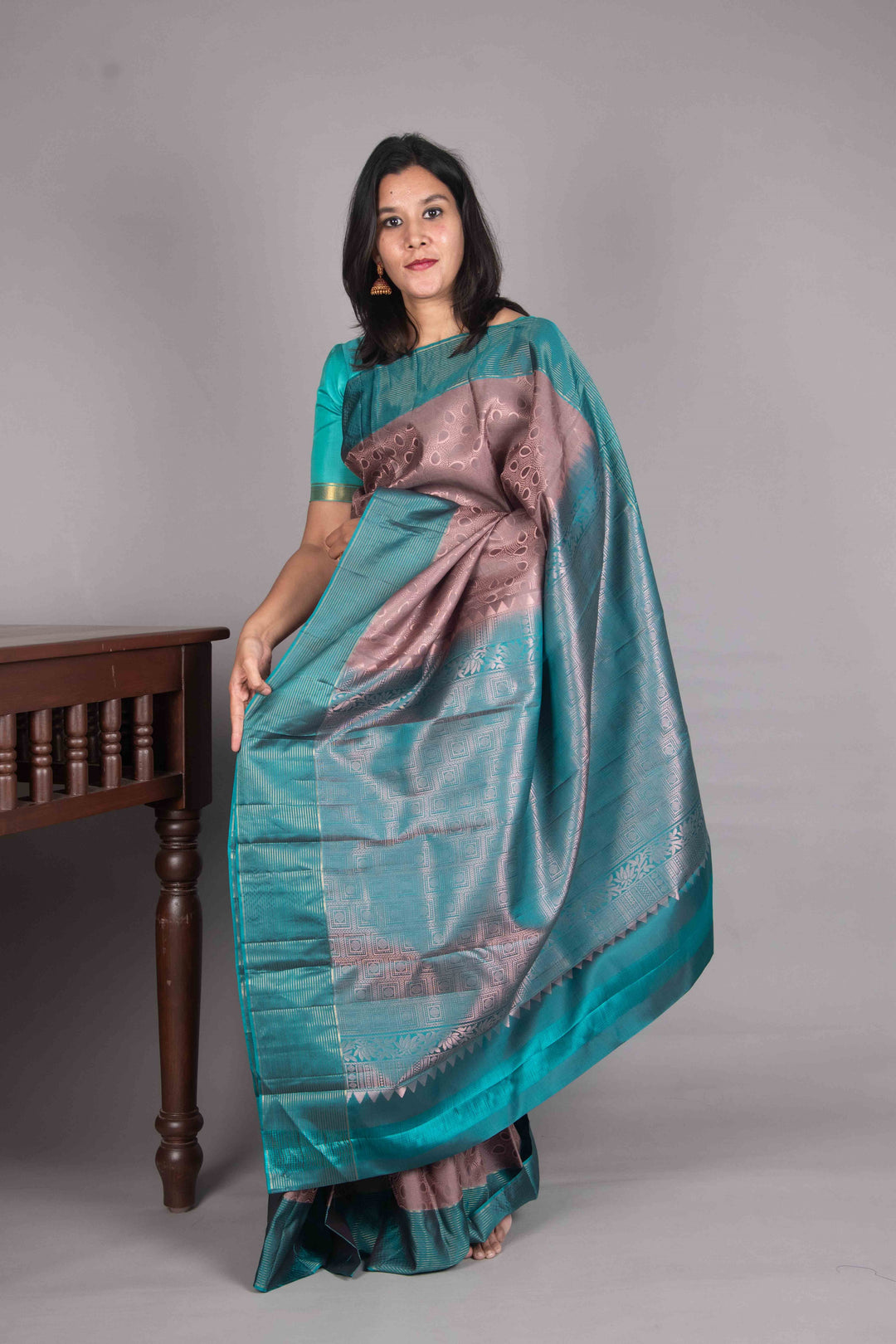 Warm Greay And Teal Pure Soft Silk Saree
