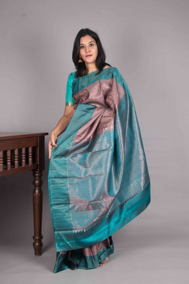 Warm Greay And Teal Pure Soft Silk Saree