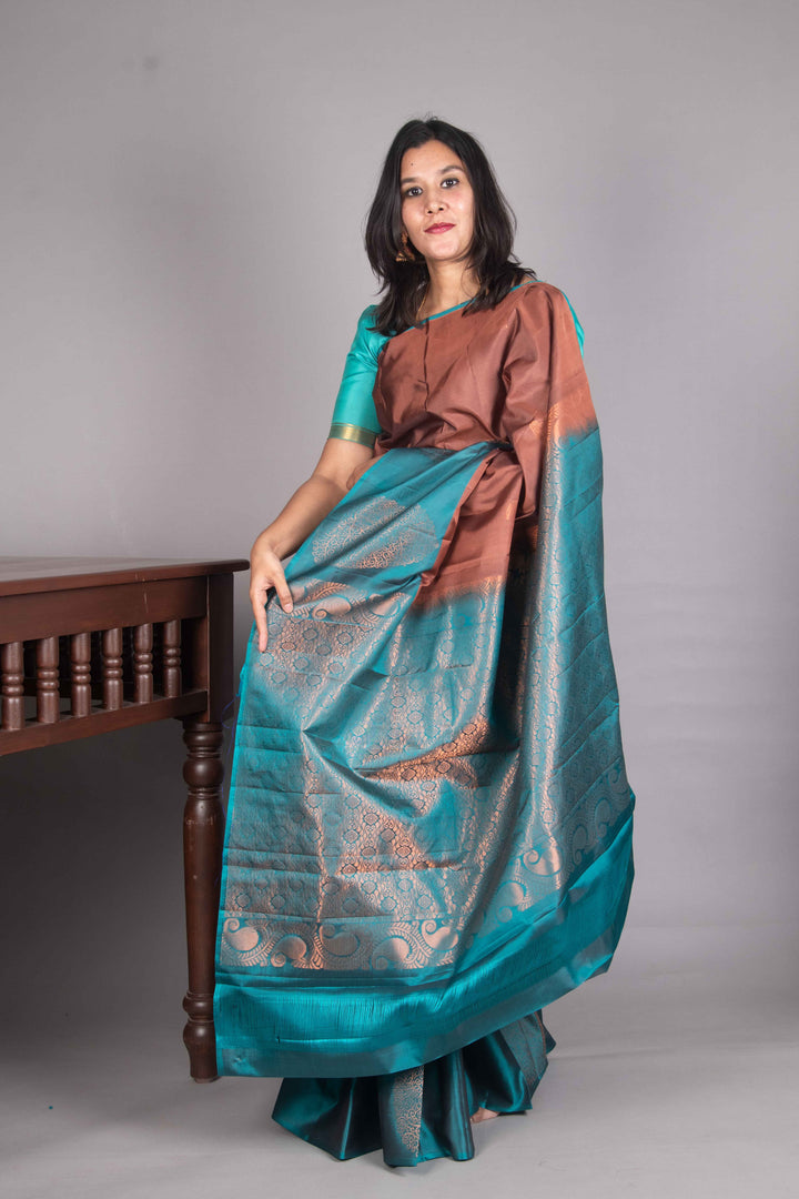 Maroon And Teal Designer Soft Silk Saree