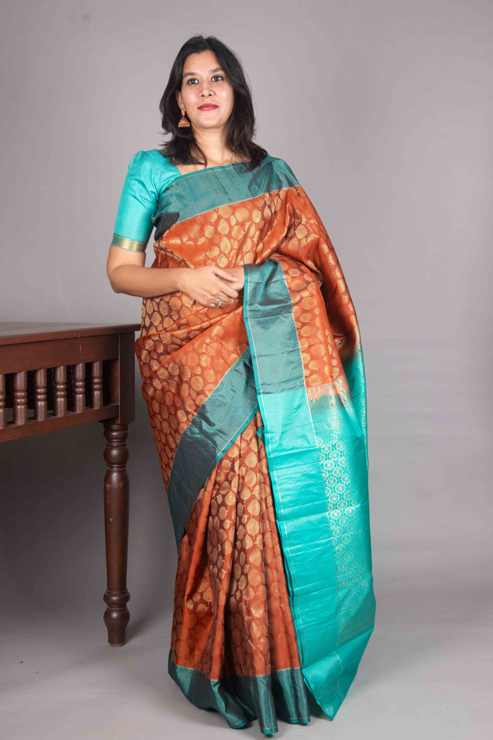 Rust Orange And Turquiose Pure Soft Silk Saree