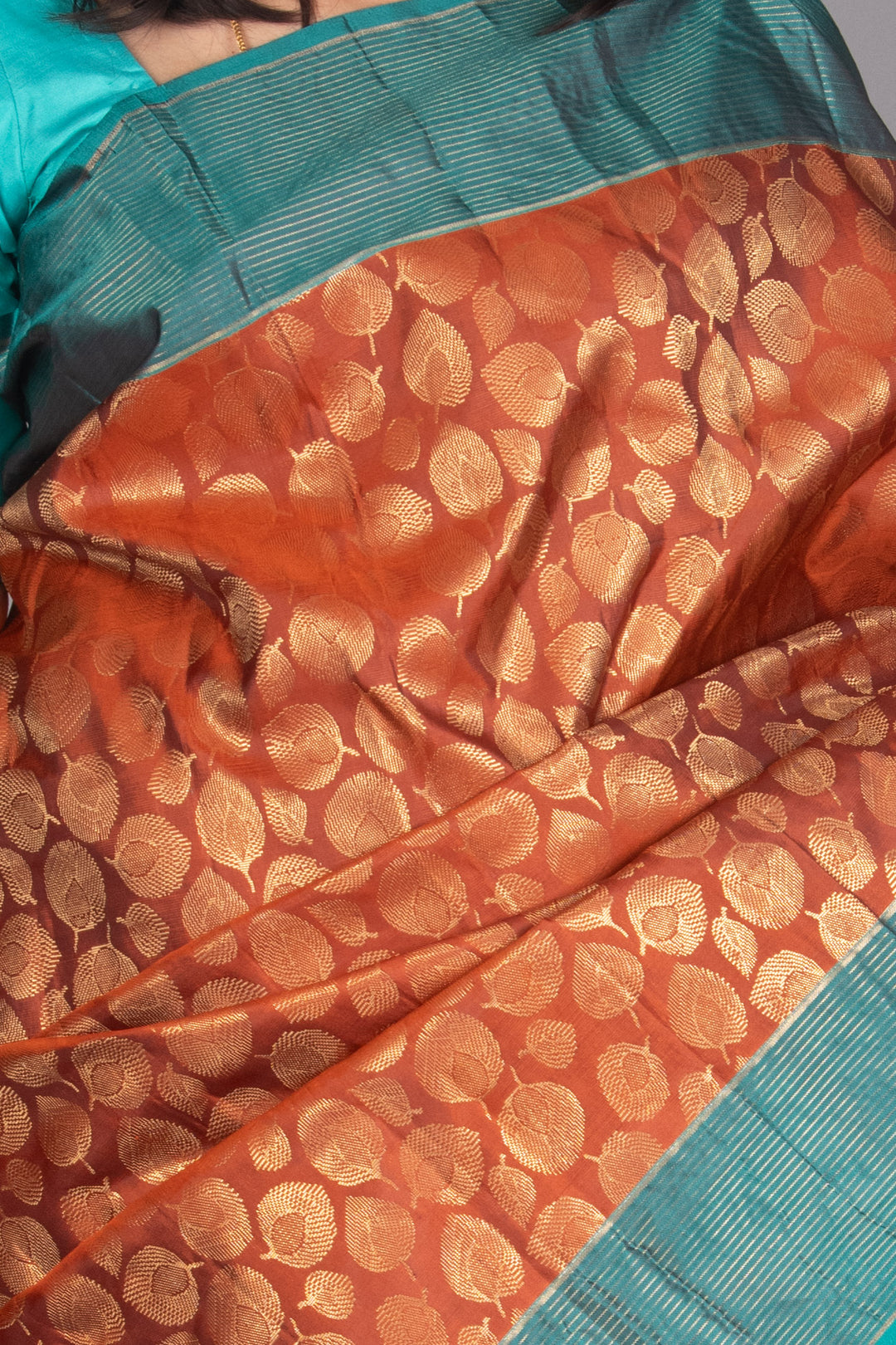 Rust Orange And Turquiose Pure Soft Silk Saree