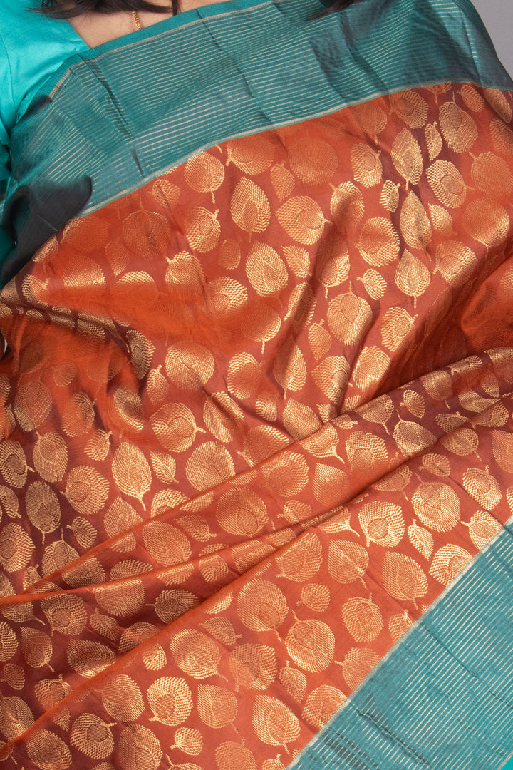 Rust Orange And Turquiose Pure Soft Silk Saree