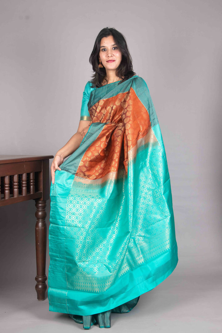 Rust Orange And Turquiose Pure Soft Silk Saree