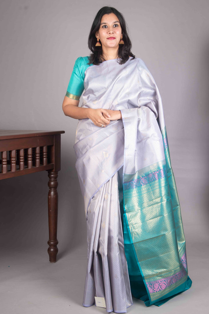 Blue Grey And Teal Borderless Silk Saree