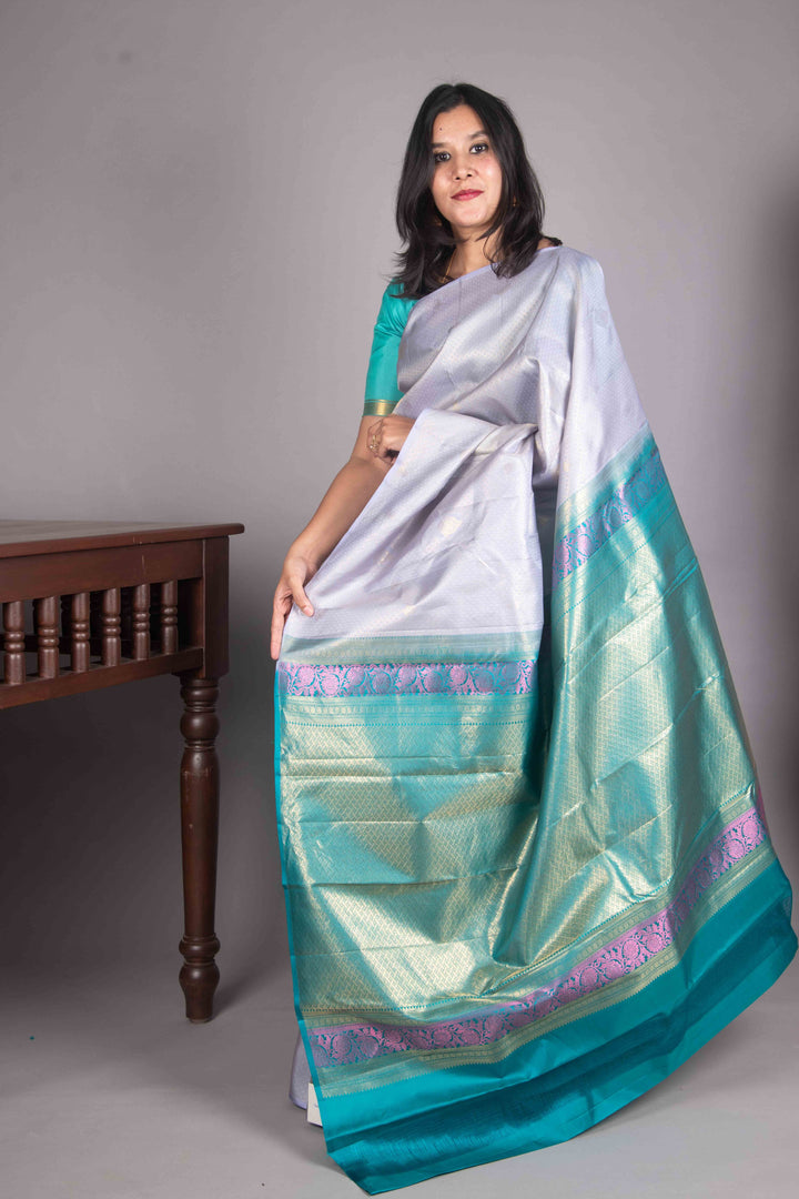 Blue Grey And Teal Borderless Silk Saree