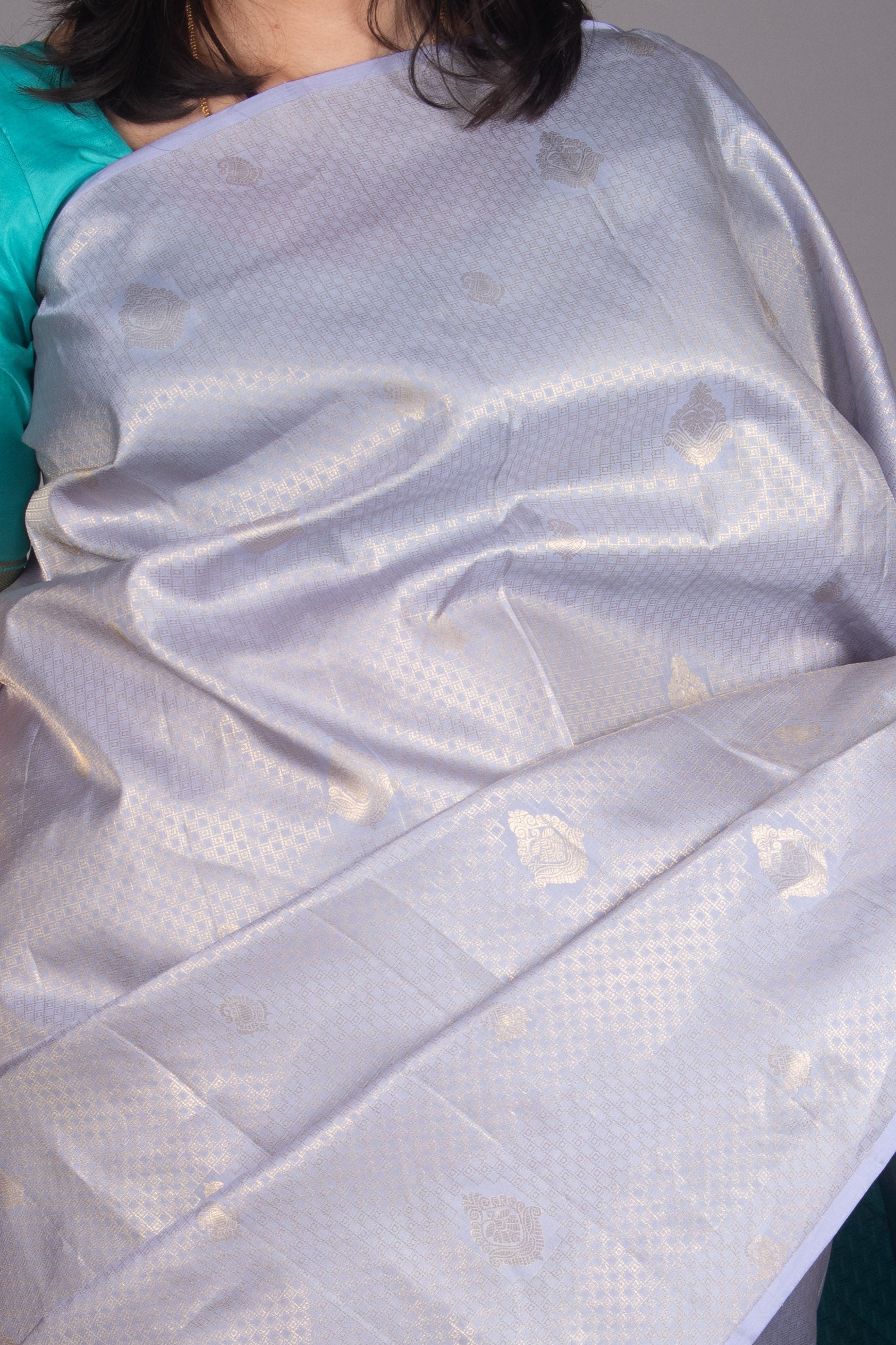 Blue Grey And Teal Borderless Silk Saree