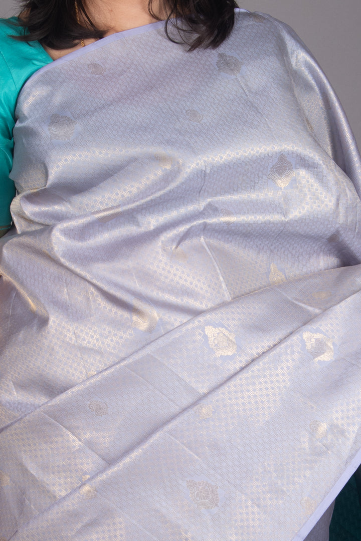 Blue Grey And Teal Borderless Silk Saree