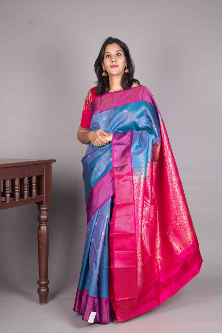 Peacock Blue And Pink Vairaoosi Silk Saree