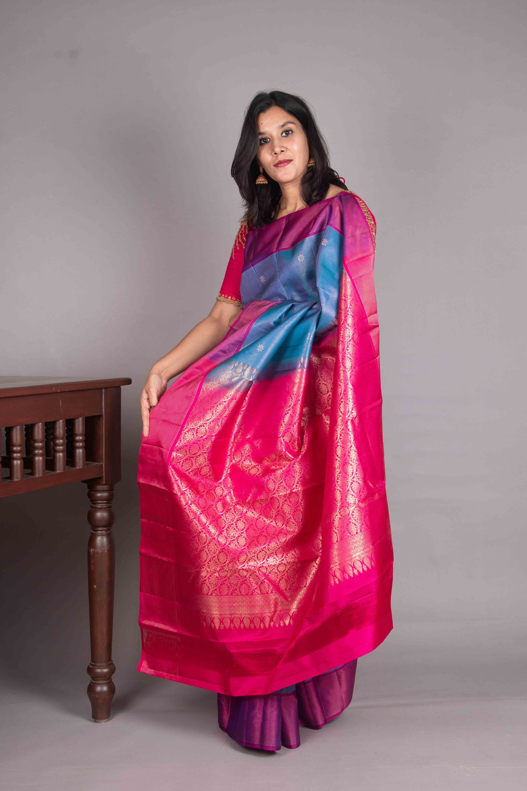 Peacock Blue And Pink Vairaoosi Silk Saree