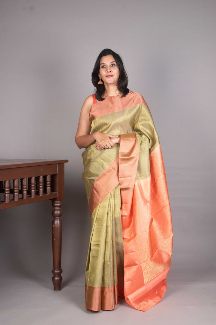 Soft Sage And Peach Jari Checked Kanchi Silk Saree