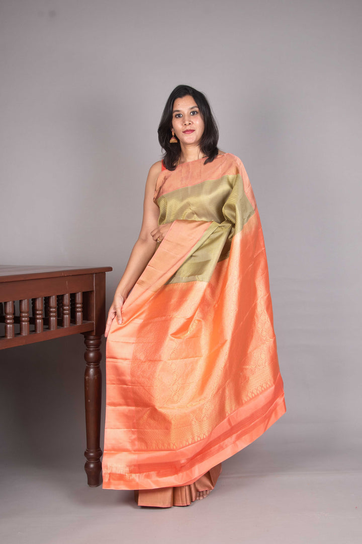 Soft Sage And Peach Jari Checked Kanchi Silk Saree