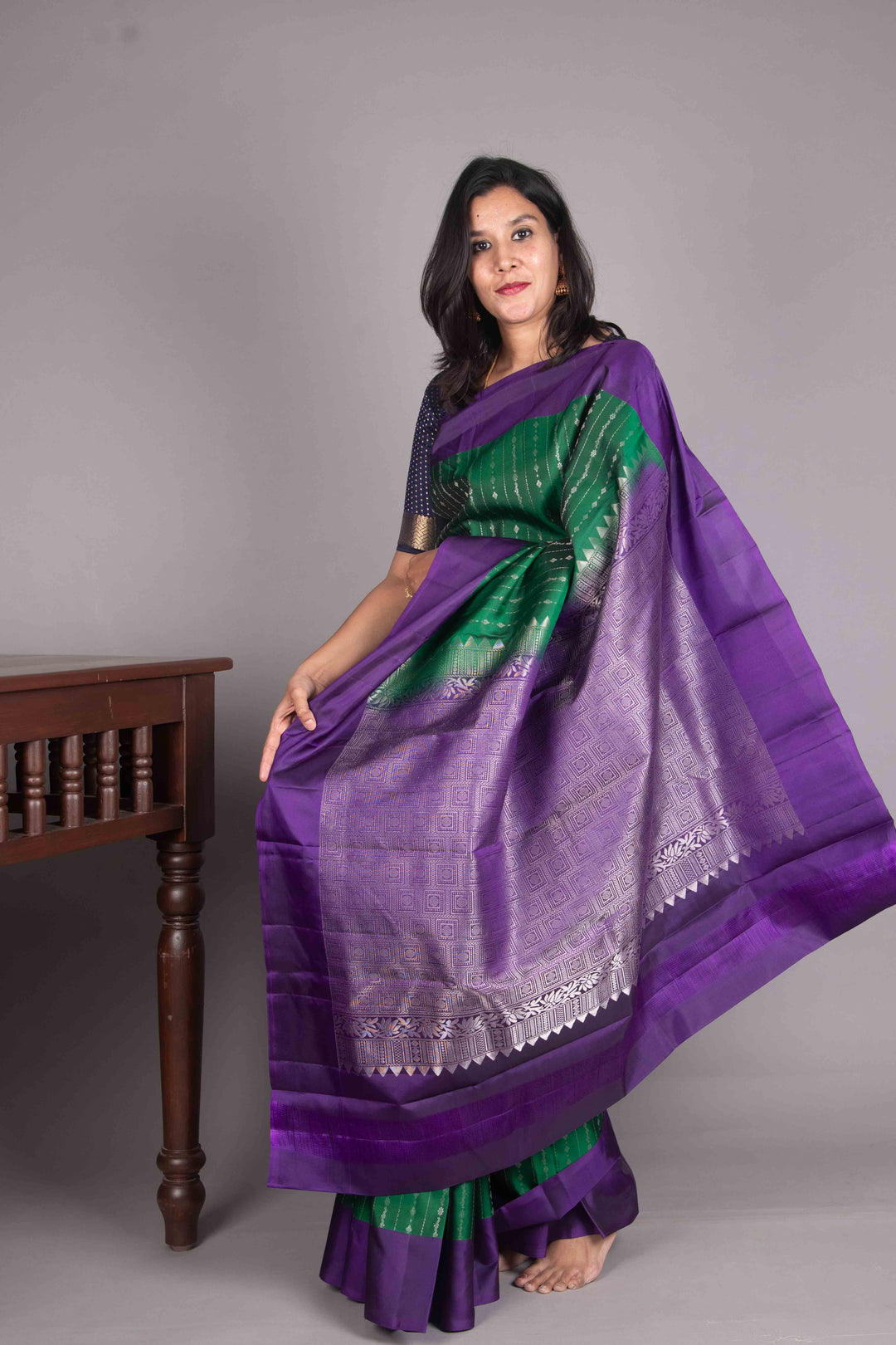 Bottle Green And Purple Designer Silk Saree