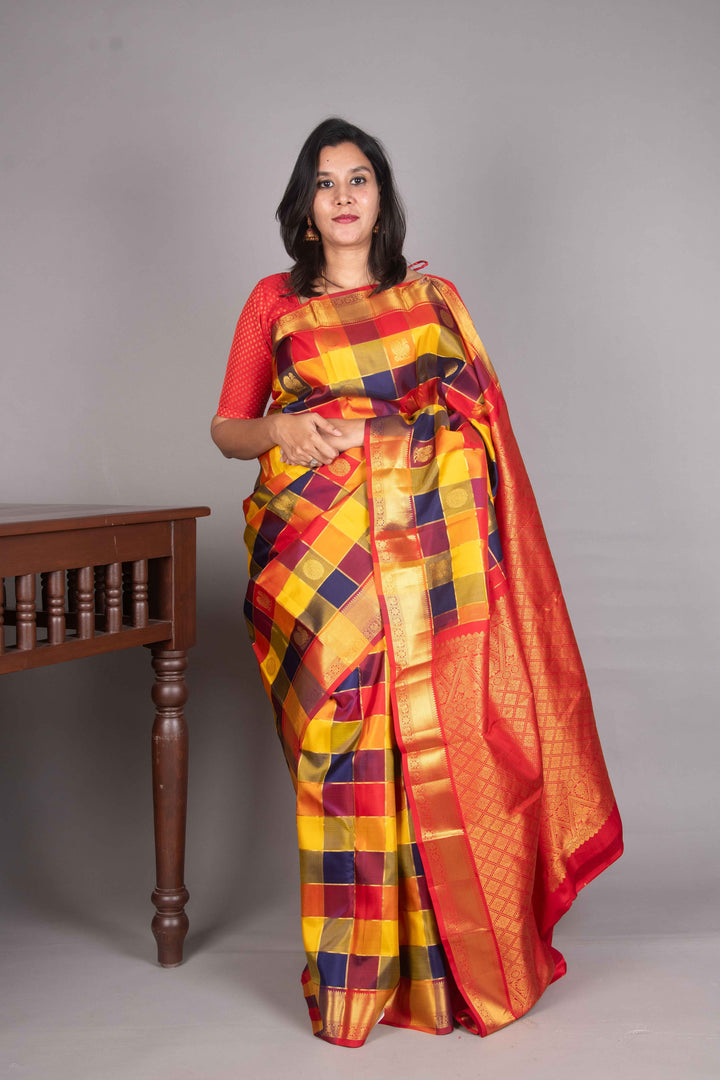 Red And Blue Paalum Pazhamum Kanchipuram Silk Saree