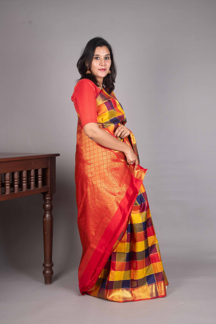 Red And Blue Paalum Pazhamum Kanchipuram Silk Saree