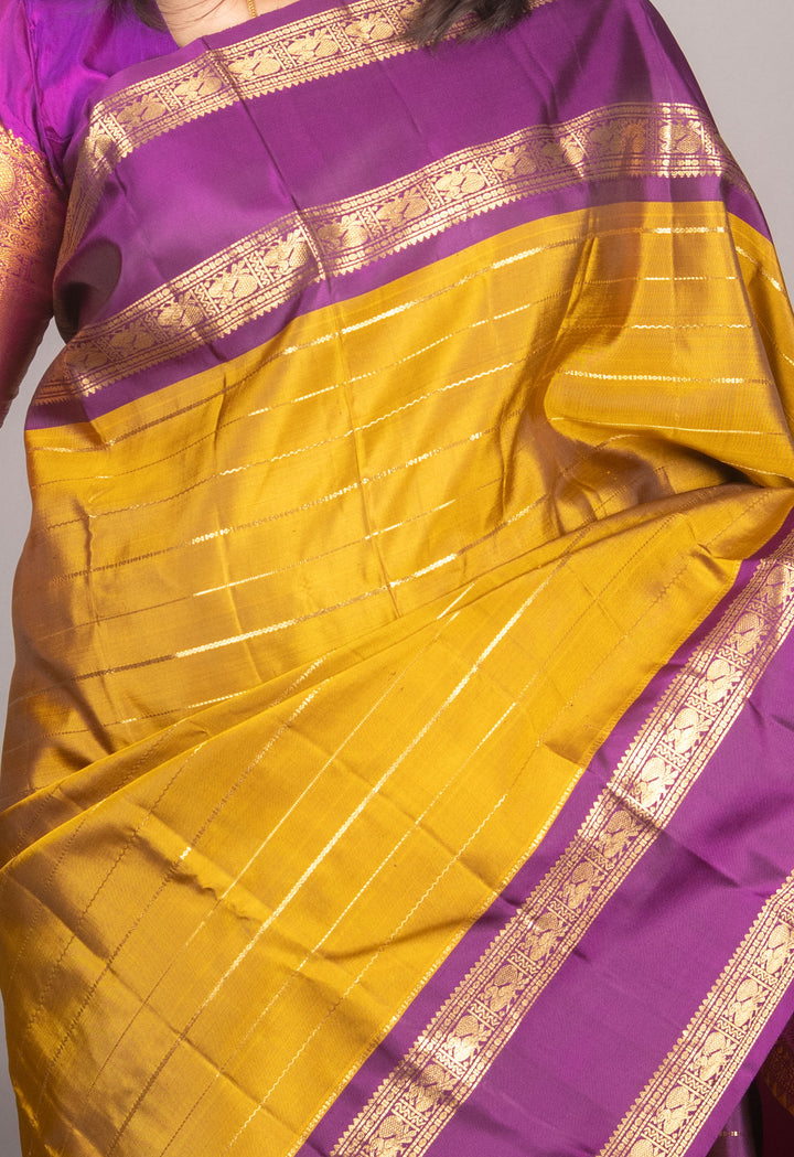 Fenugreek And Purple Retta Kanjipuram Silk Saree